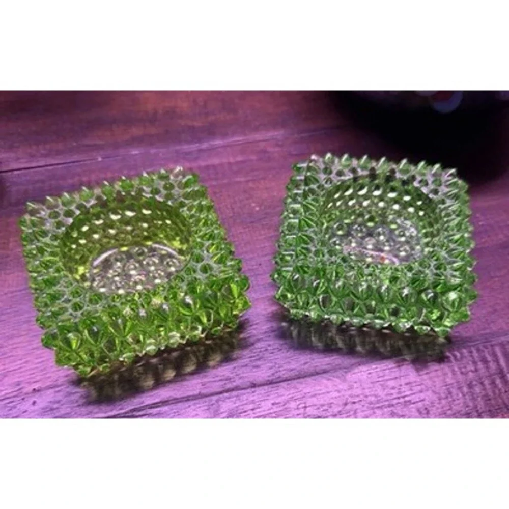 2 Fenton Hobnail Square Green Salt Cellar Tea Light Candle Holders